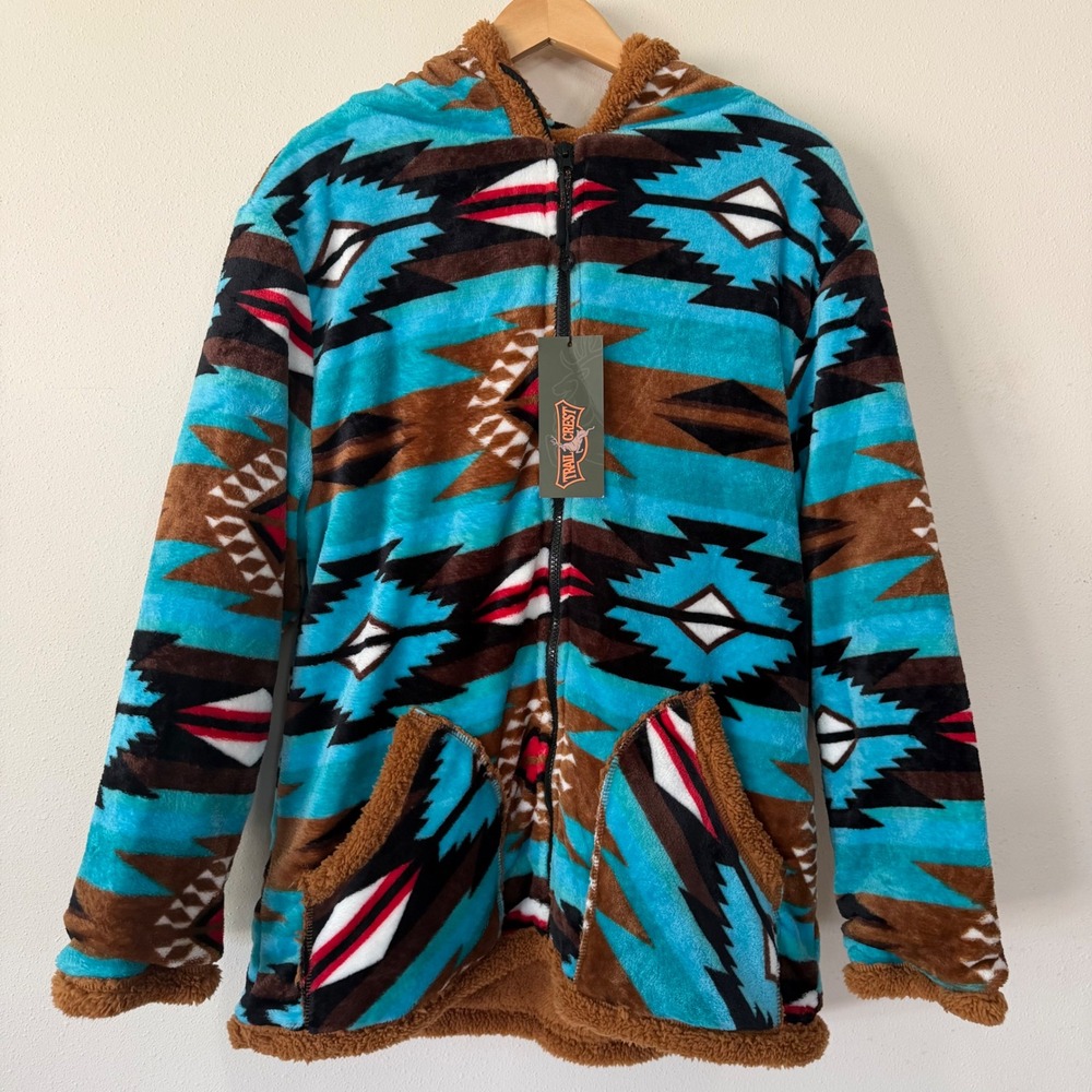 Trail Crest Womens L Southwestern Fleece Hoodie Shearling Lined Turquoise Zip